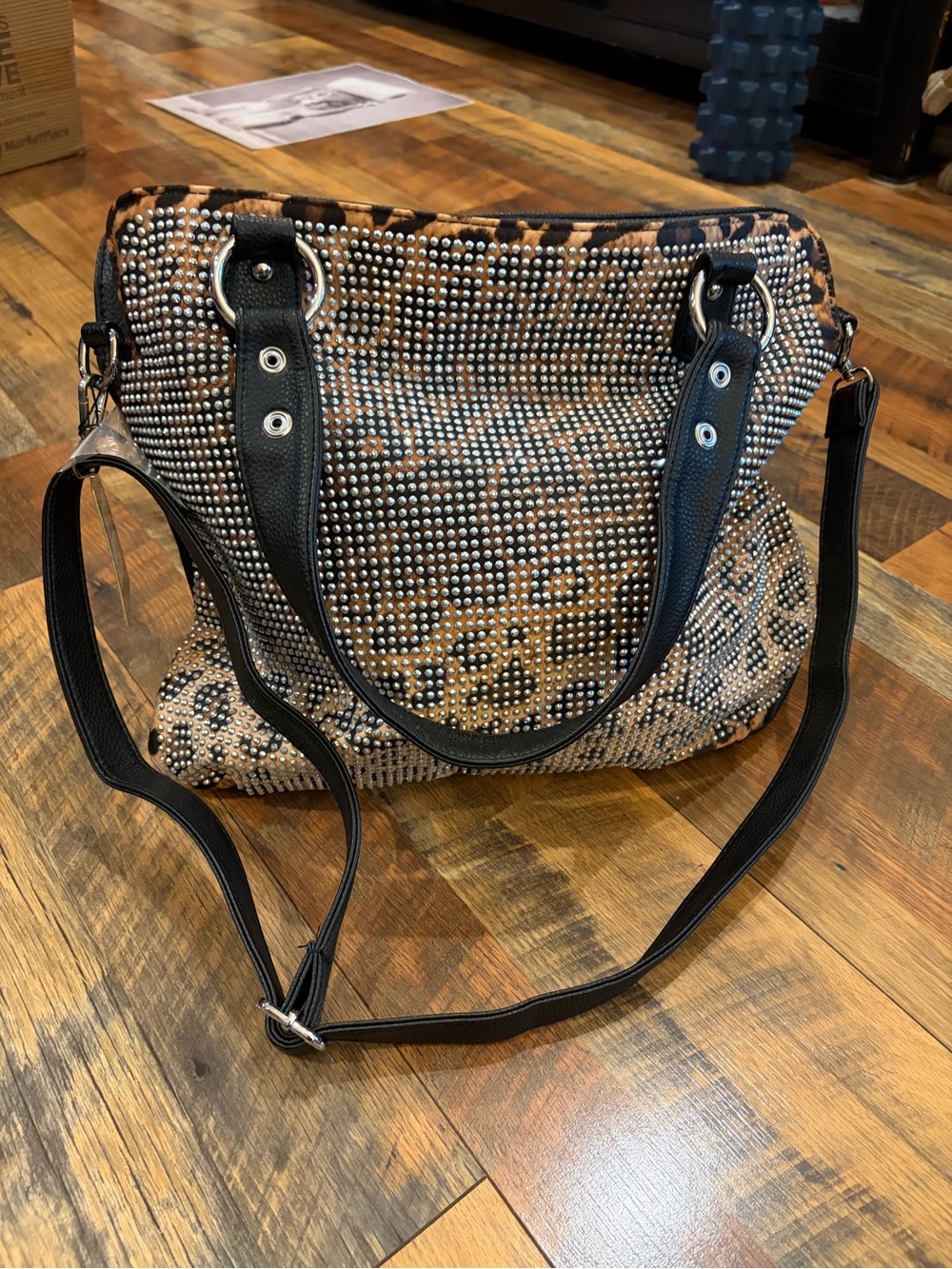 Studded Leopard Print Tote Bag with Black Straps